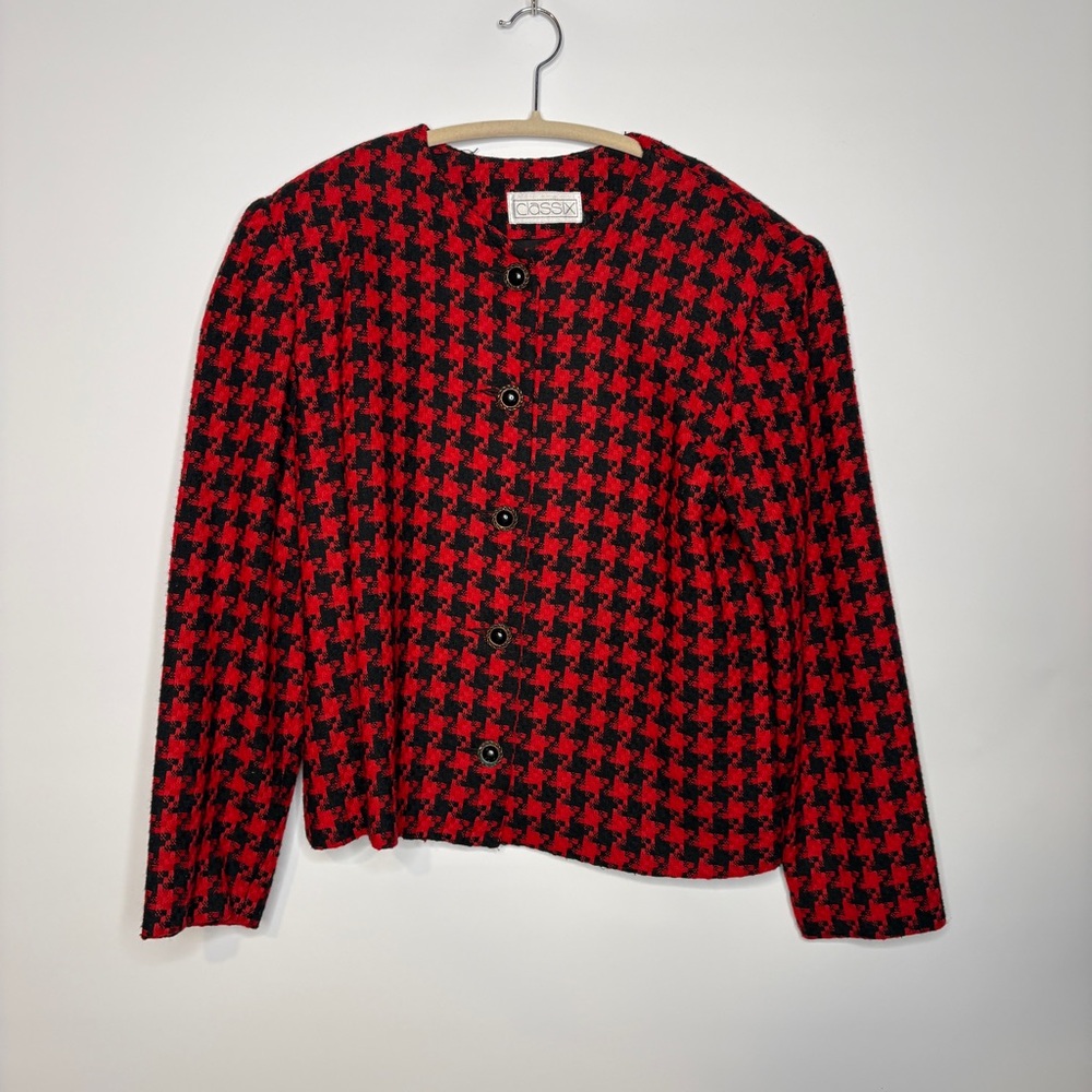 Vintage Classix Red & Black Houndstooth Blazer Jacket With Shoulder Pads Size 12